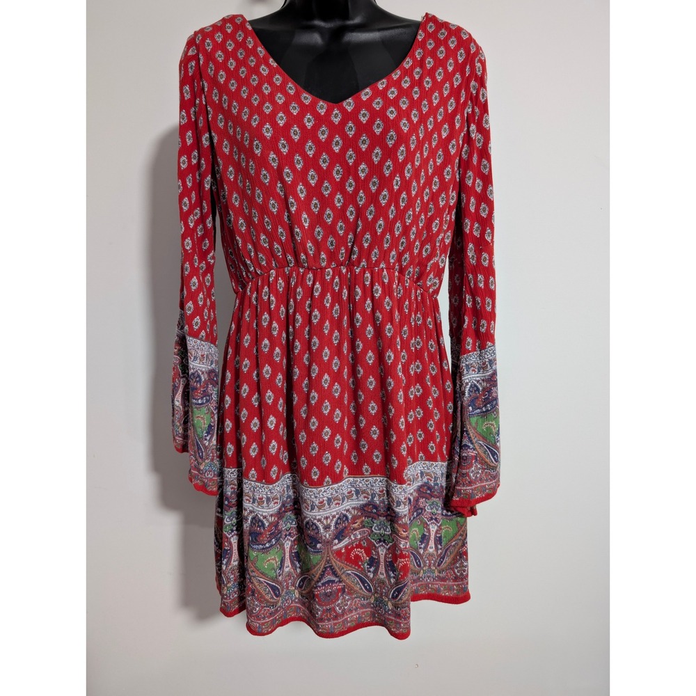 Live 4 Truth Red Paisley Diamond Print Long Bell Sleeve V Neck Dress Lined Small